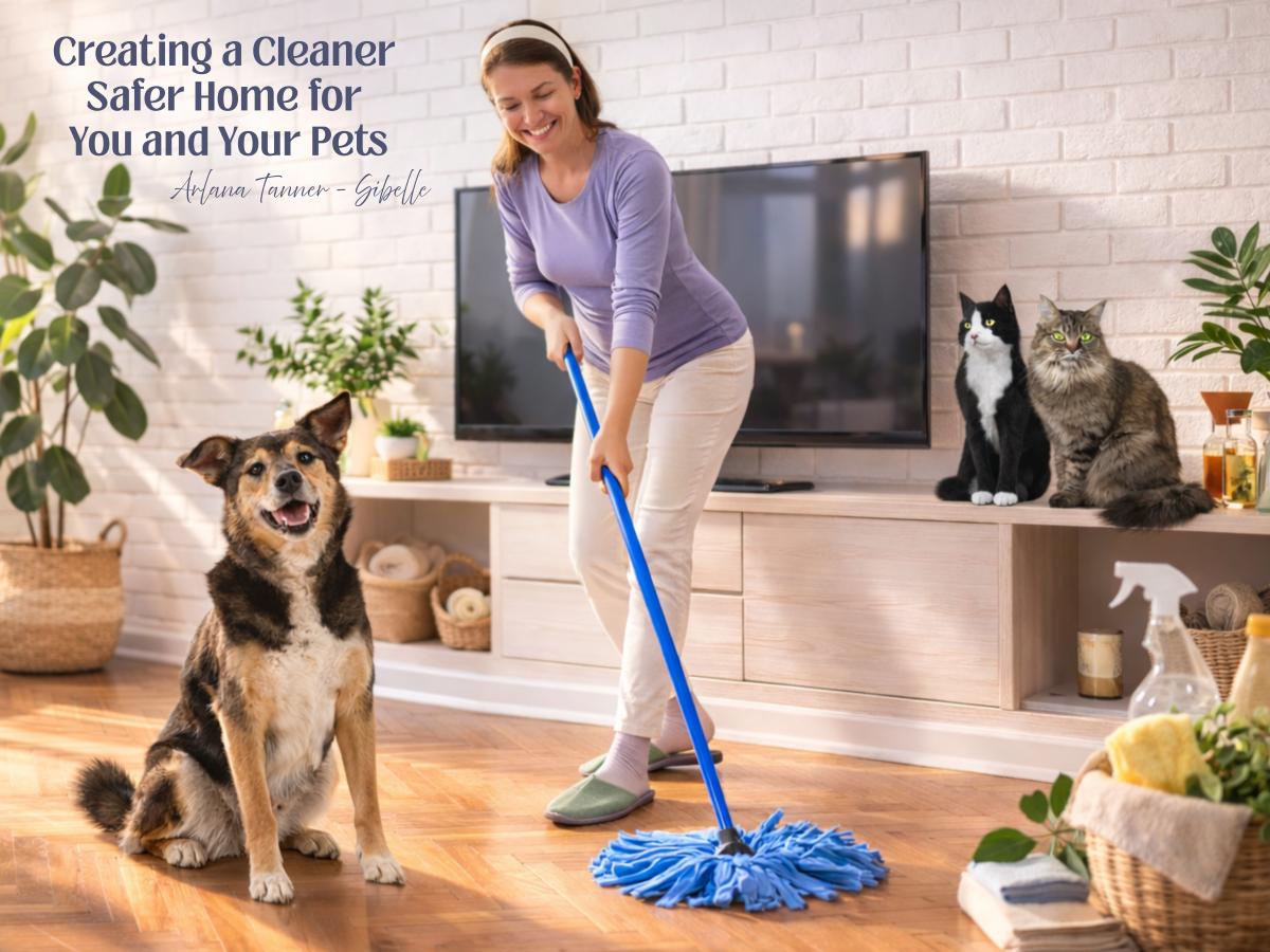 woman cleaning floor smiling with dog and cats in the room