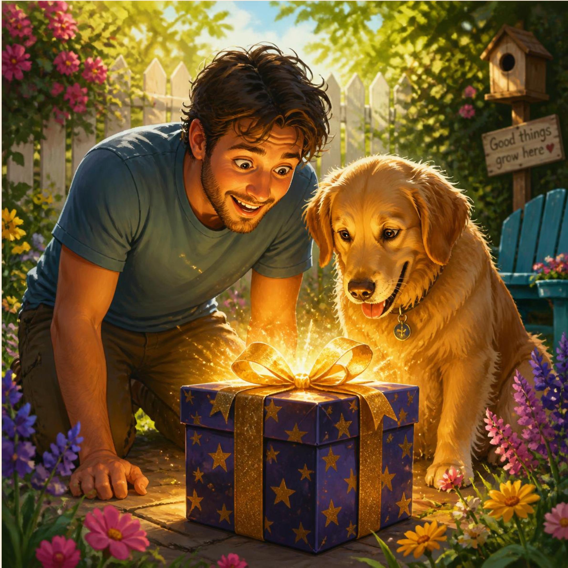 man and dog sit looking at a beautiful gift between them