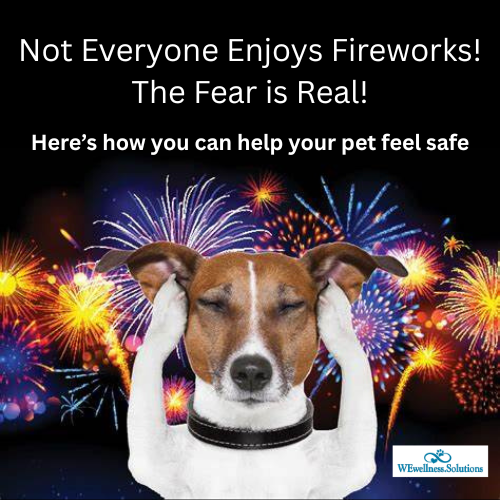 dog covering ears as fireworks go off in the distance