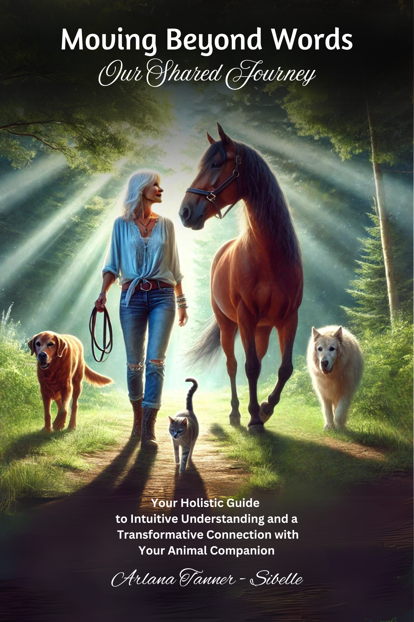 Moving beyond Words: Our Shared Journey Book Cover shows a mature woman standing in peace with a horse, dogs and a cat in a beautiful sunlit forest